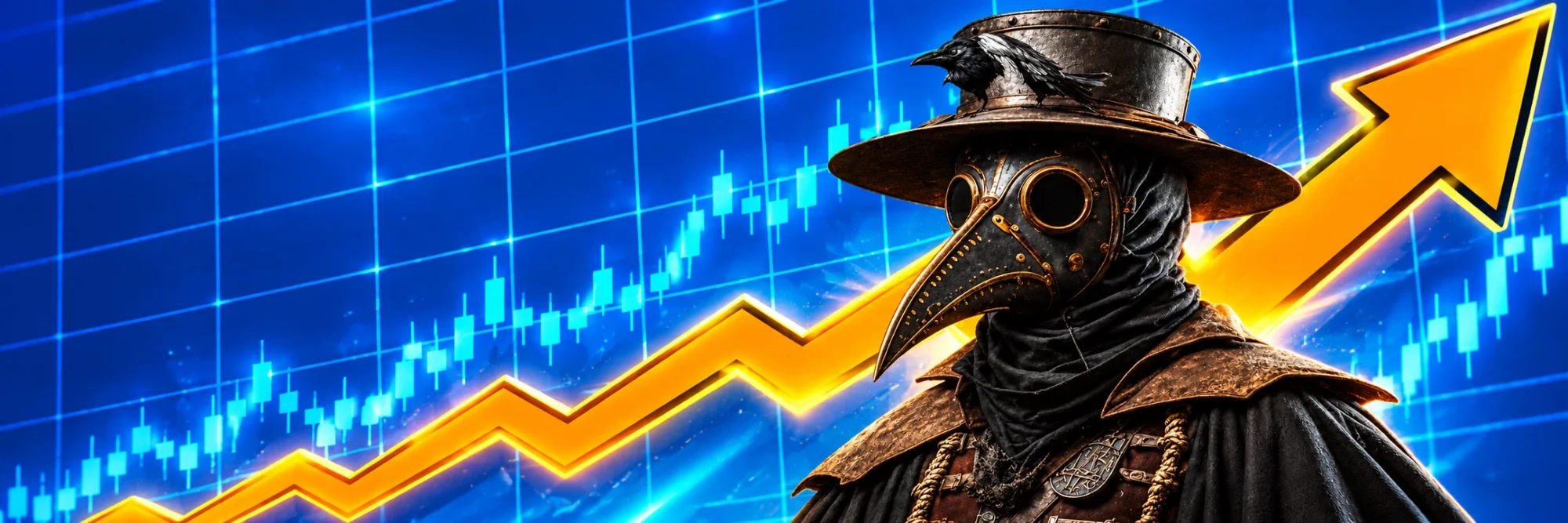 A Plagunk in profile against a blue chart with a gold arrow climbing behind it