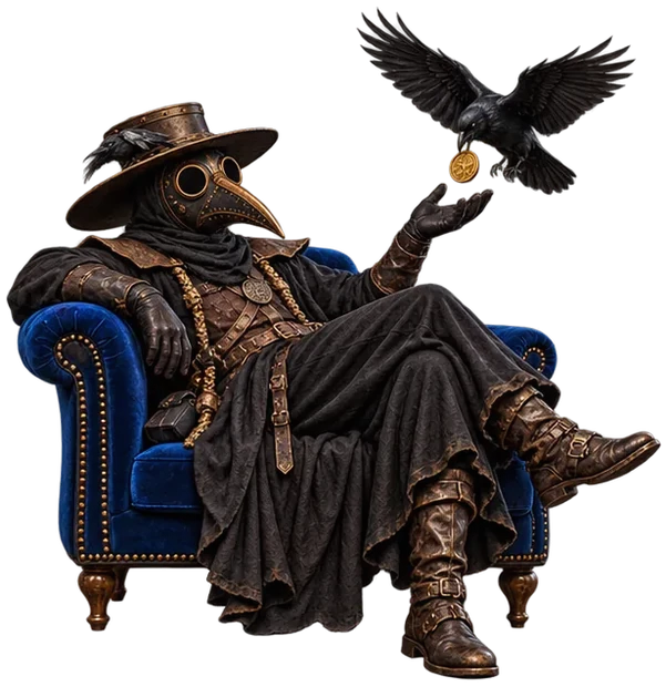 A Plagunk lounging in a blue armchair while a raven brings it a gold coin